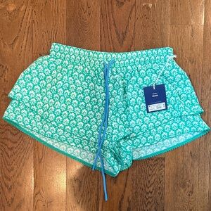 Stamped Floral Drawstring Shorts Teal